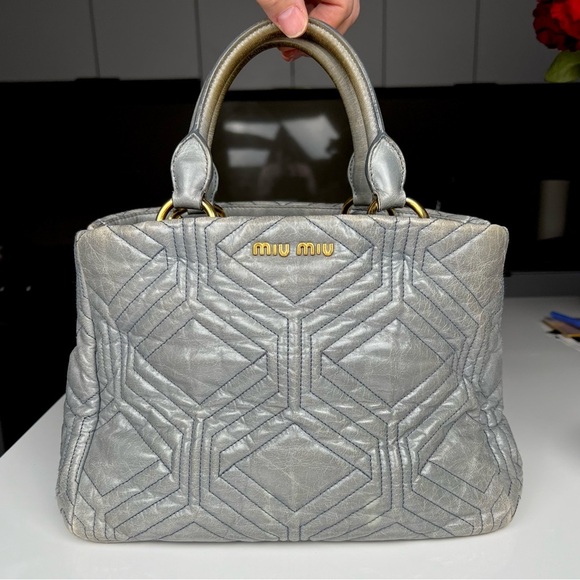 Miu Miu 2 Way Matelasse Vitello Shine Trapu Blue/Gray Tote Shoulder Bag - Picture 1 of 7